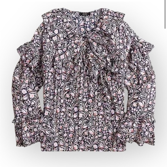 J. Crew Ruffle crinkle chiffon top in floral flourish navy pink - Picture 3 of 10